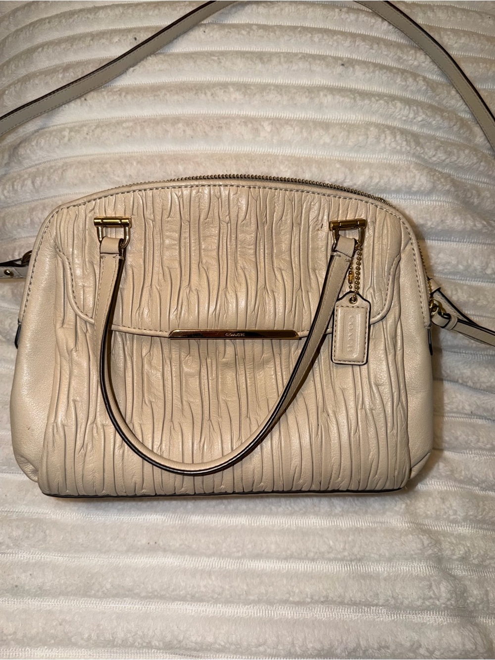 Coach Cream Textured Leather Satchel with Gold-Tone Accents
